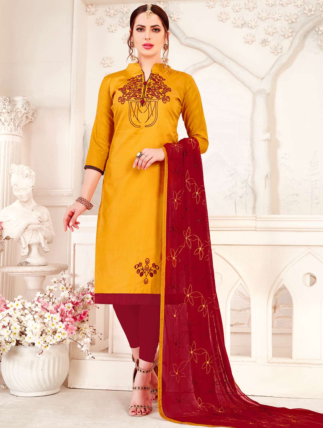 embroidered semi-stitched churidaar suit