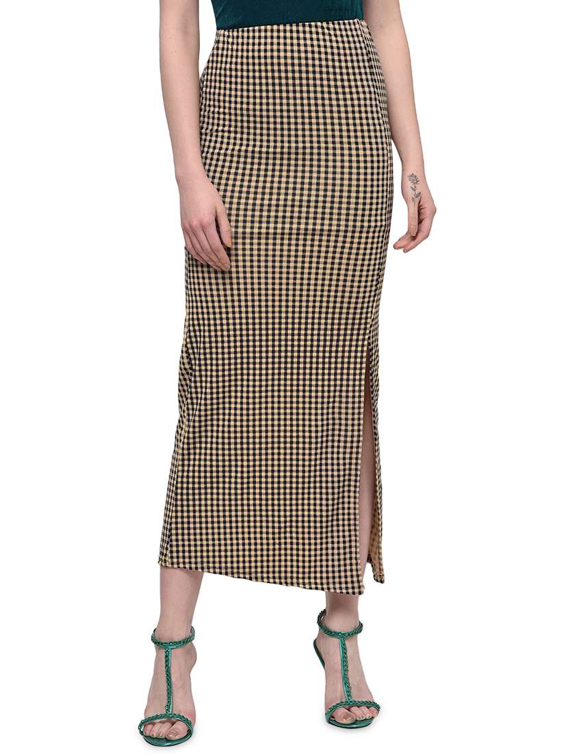 high rise checkered side slit skirt