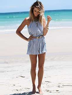 halter neck striped belted romper