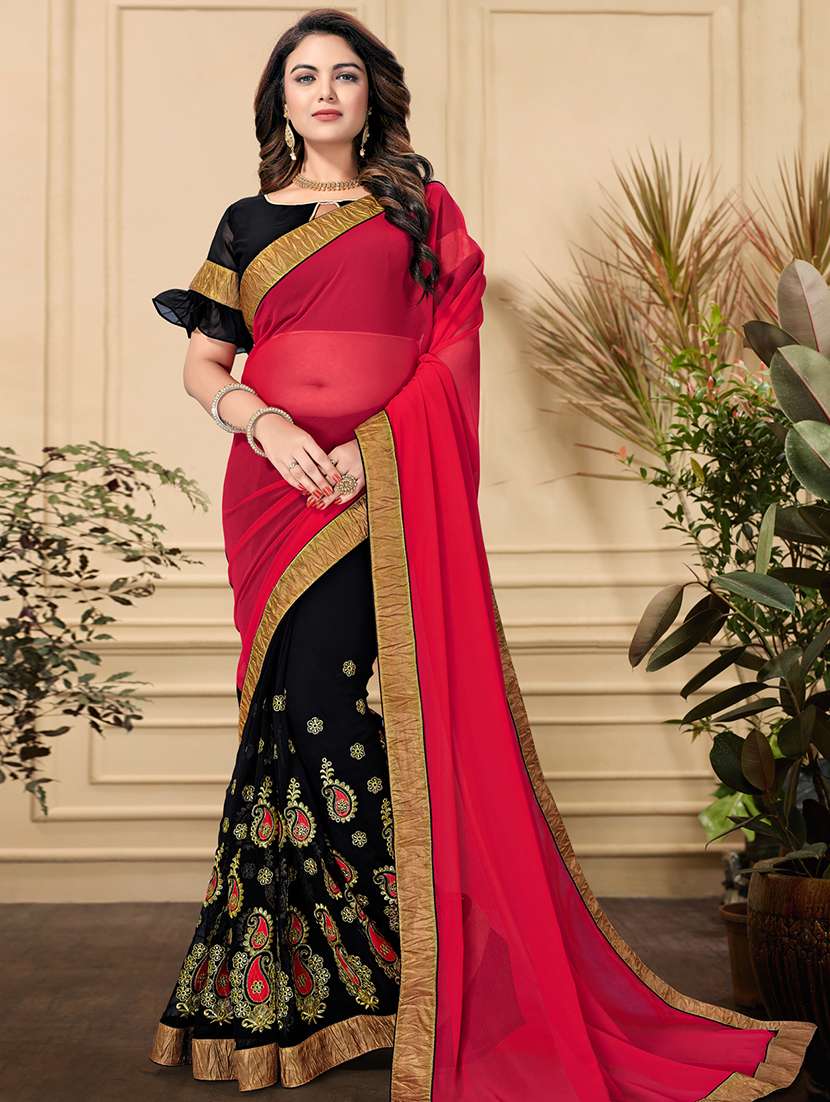 half & half embroidered saree with blouse