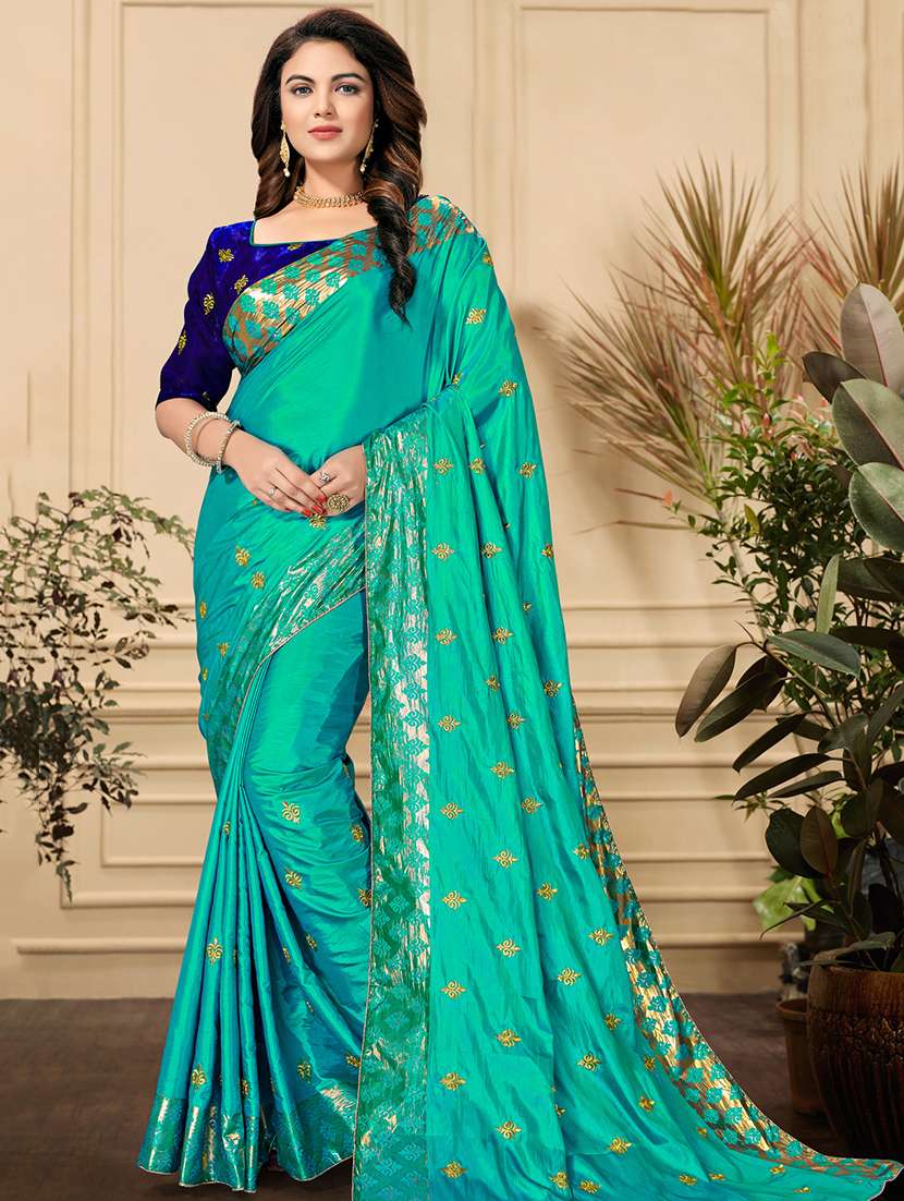 turquoise silk embroidered saree with blouse