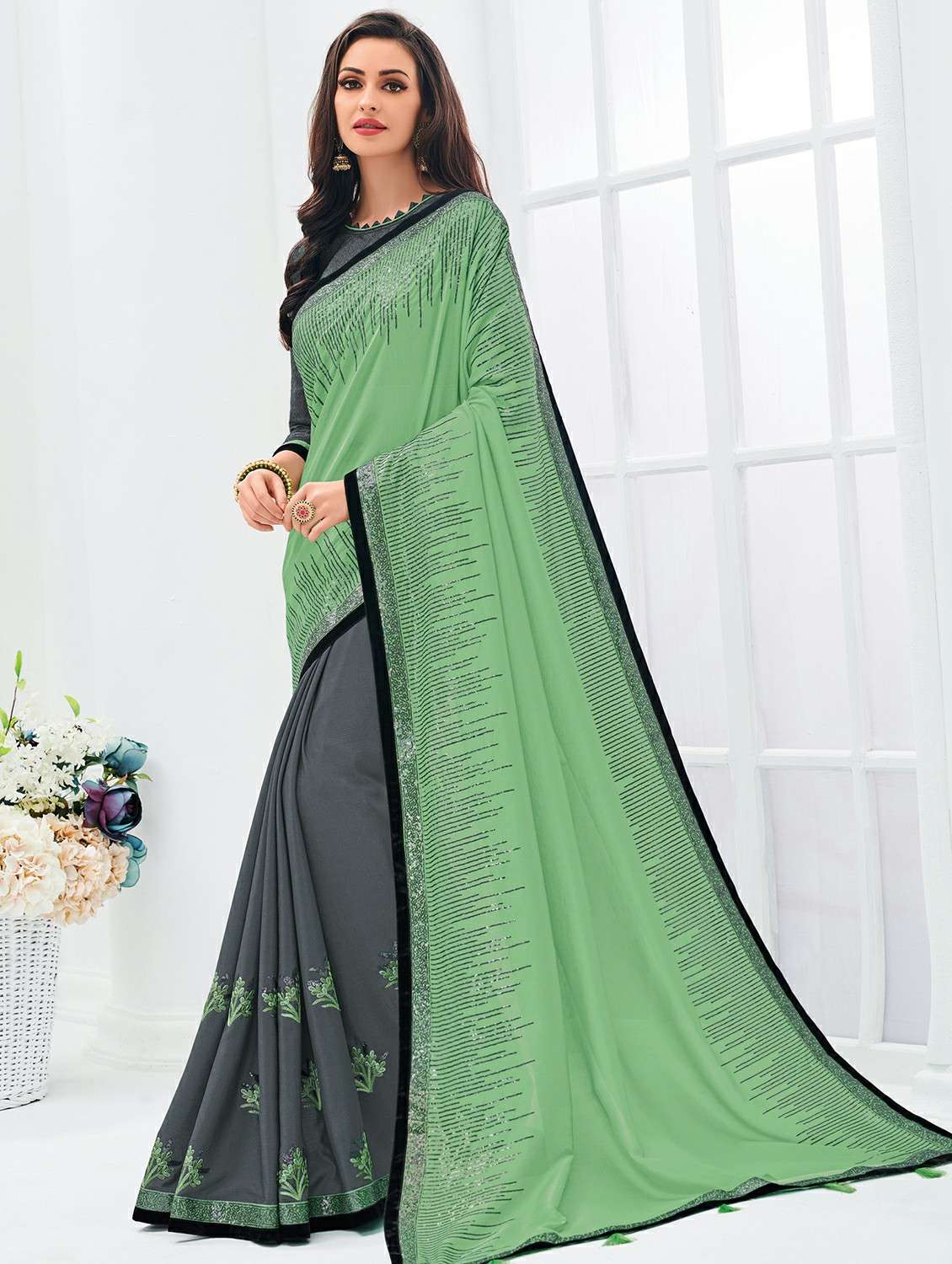 floral embroidered saree with blouse