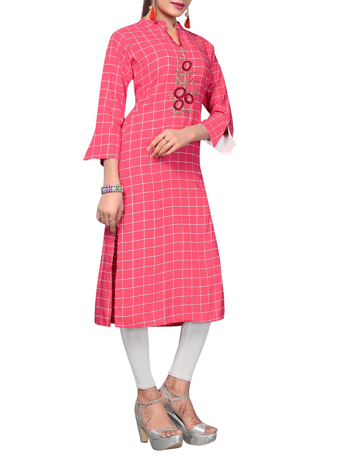 checkered embroidered straight kurta - 16188808 -  Standard Image - 1