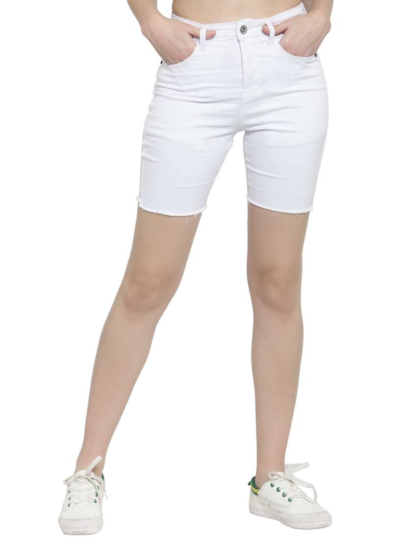 frayed hem high rise denim shorts