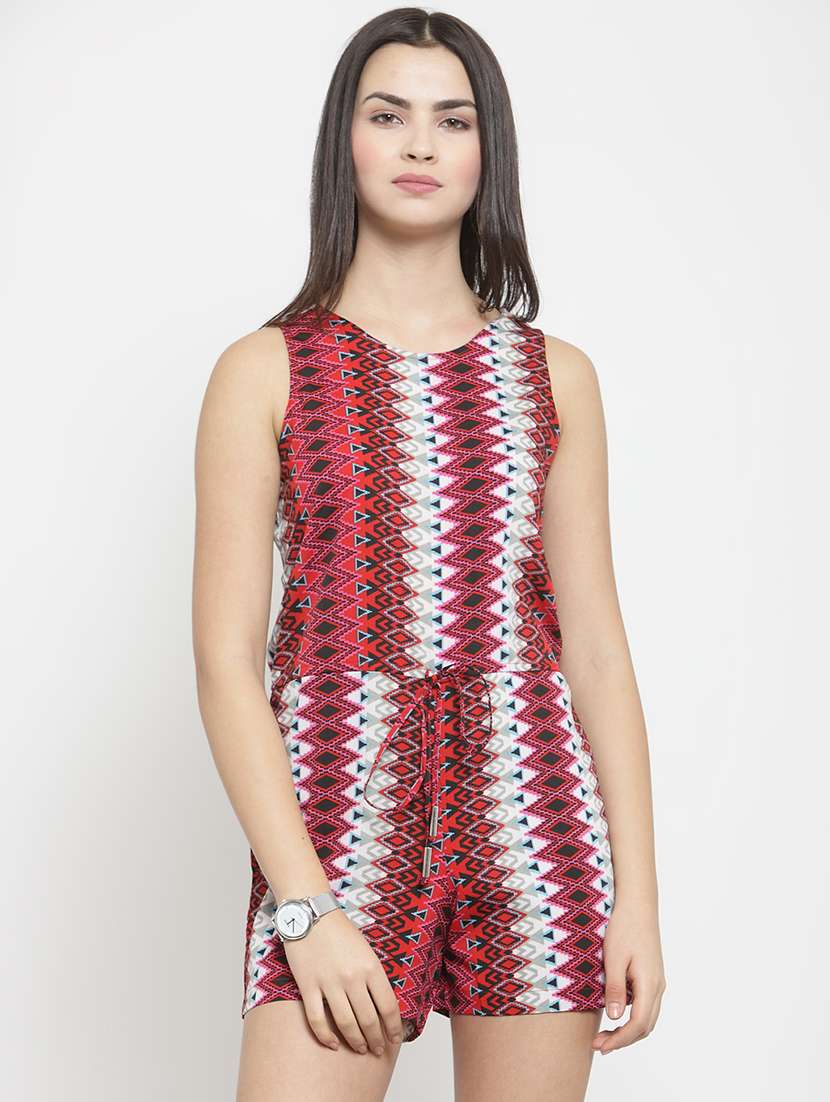 geometric print drawstring romper