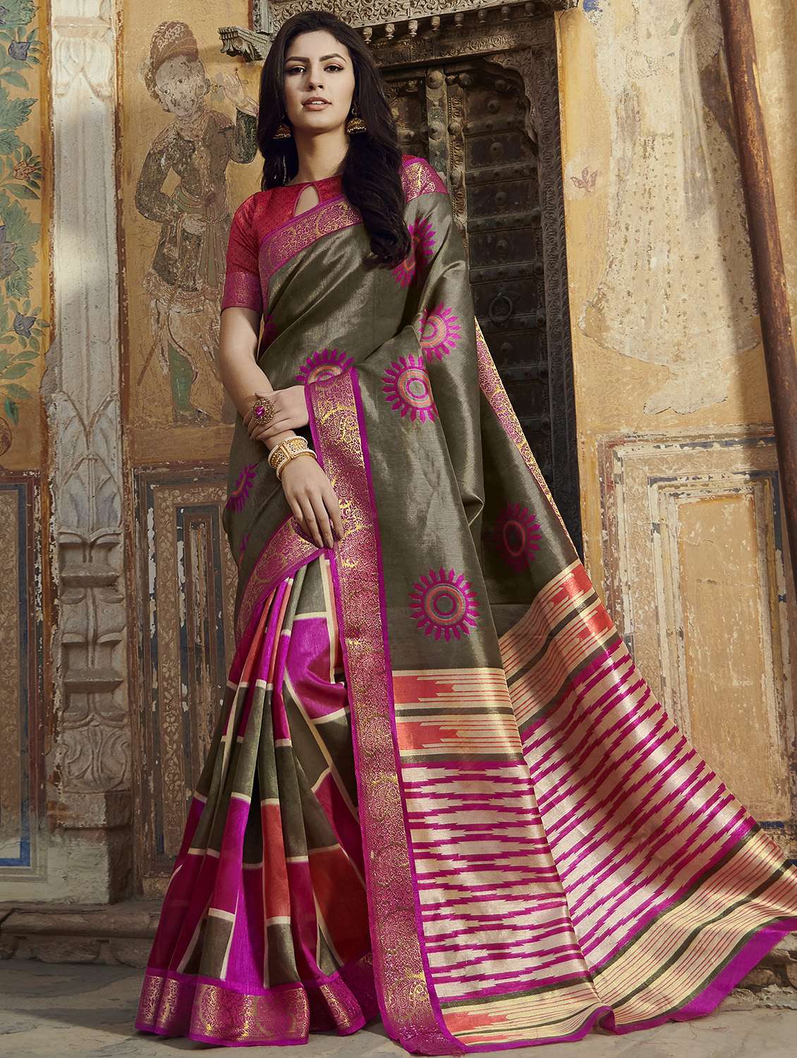 checkered half & half saree with blouse