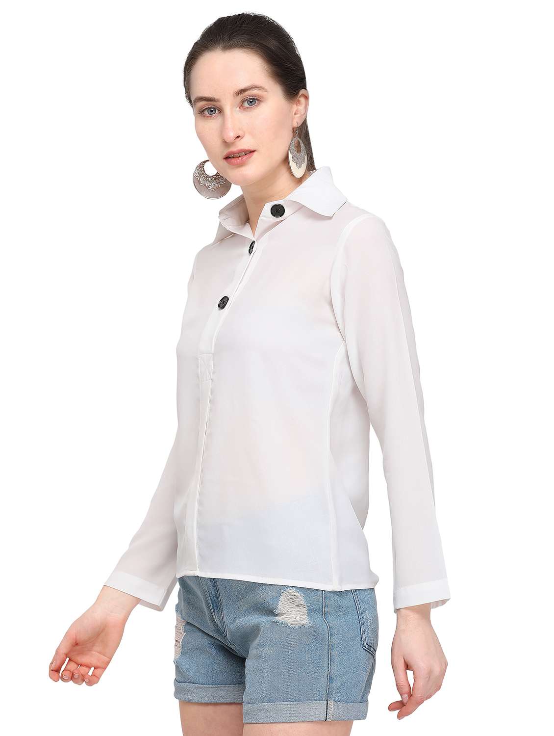 white solid button detail long sleeved shirt - 16204344 -  Standard Image - 1