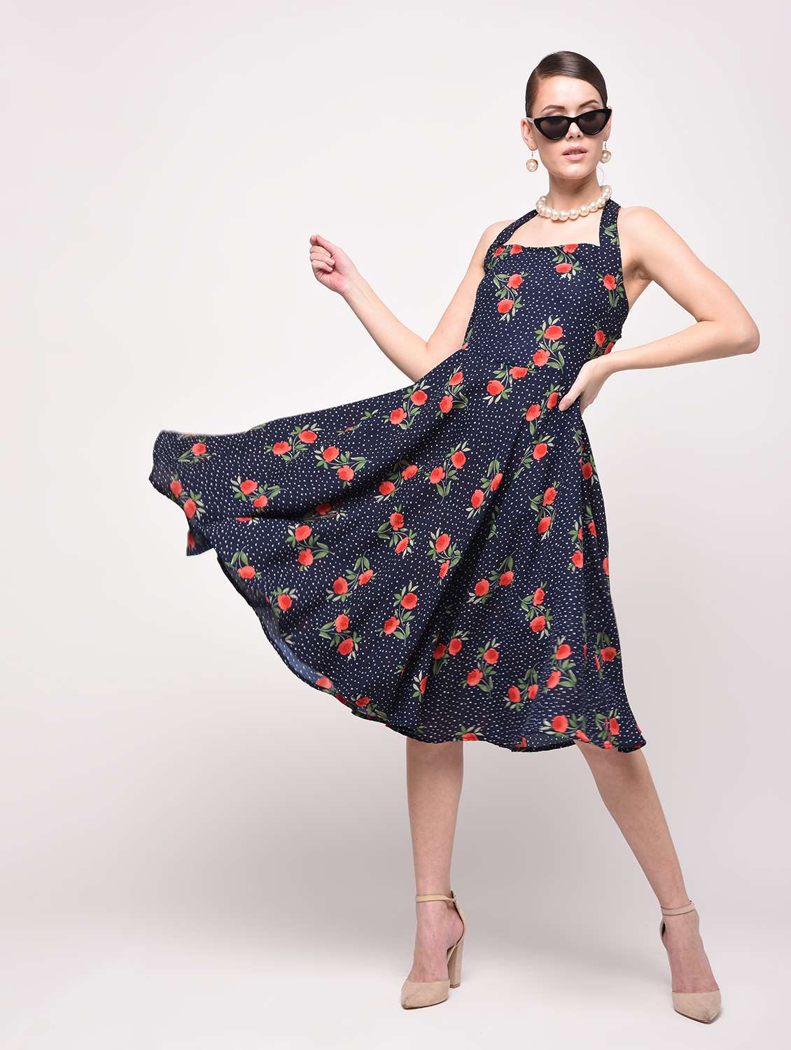 halter neck floral flared dress