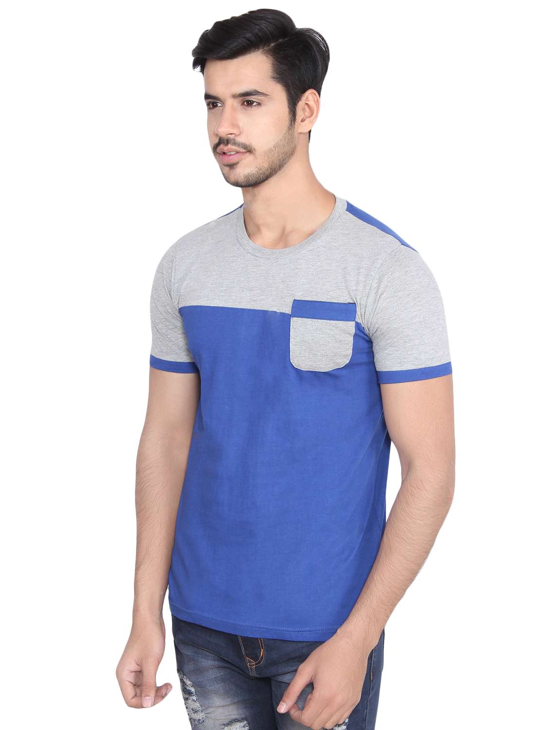 blue color block pocket tshirt - 16219381 -  Standard Image - 1