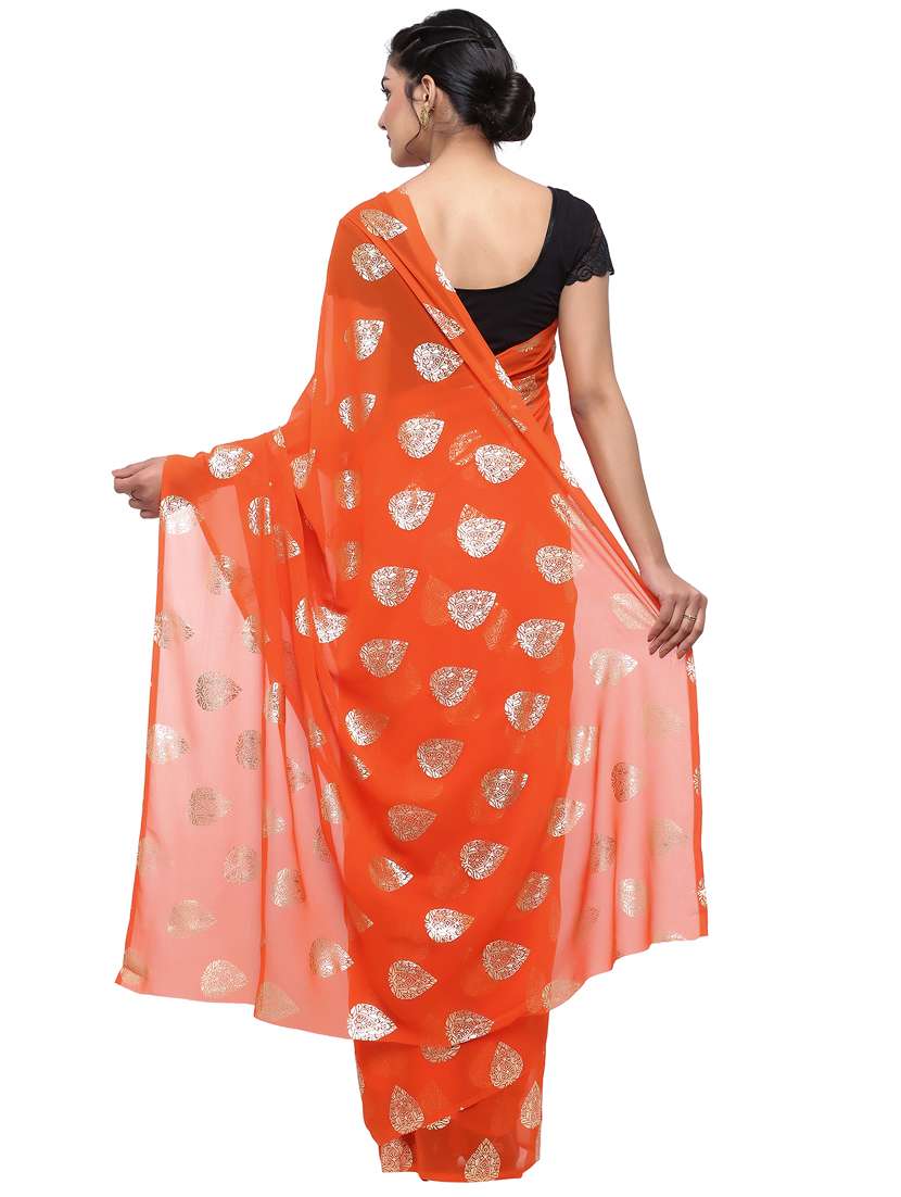 women's foil print orange colored saree with blouse - 16222479 -  Standard Image - 1