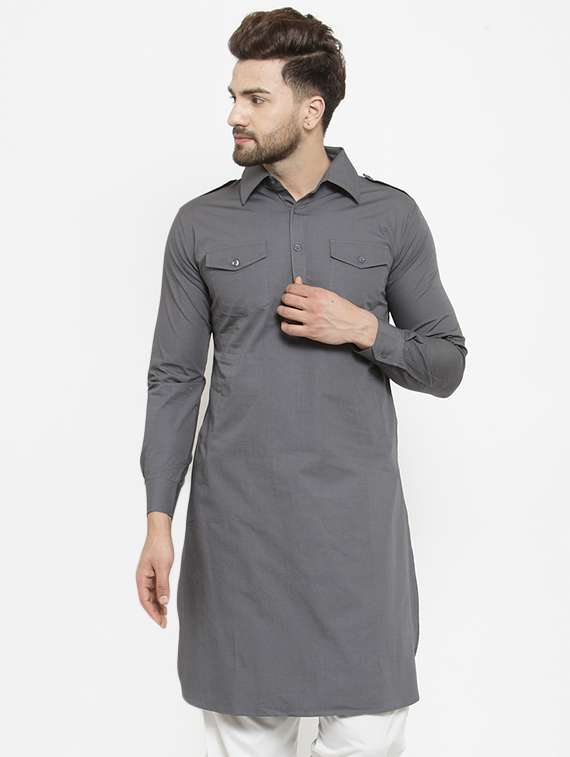 grey solid pathani kurta