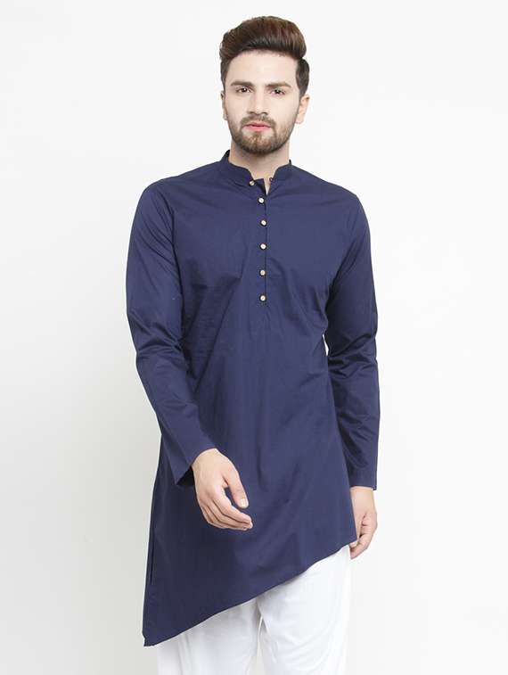 men navy blue solid asymmetric kurta