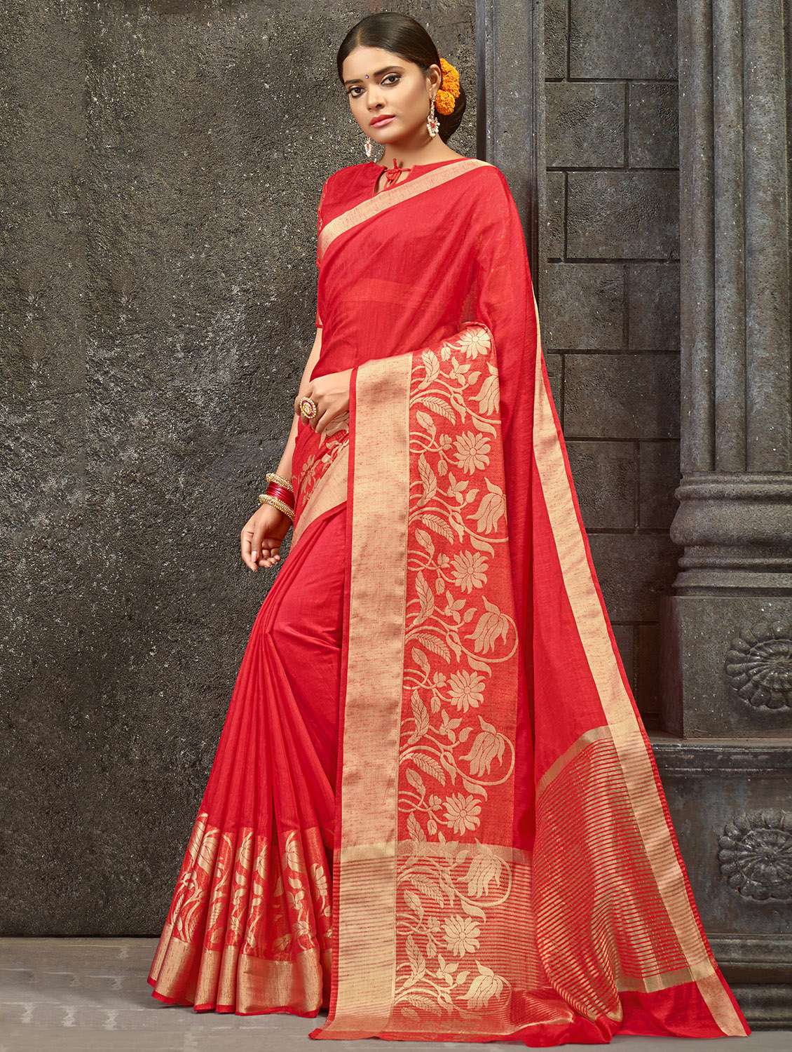 floral zari border woven saree with blouse