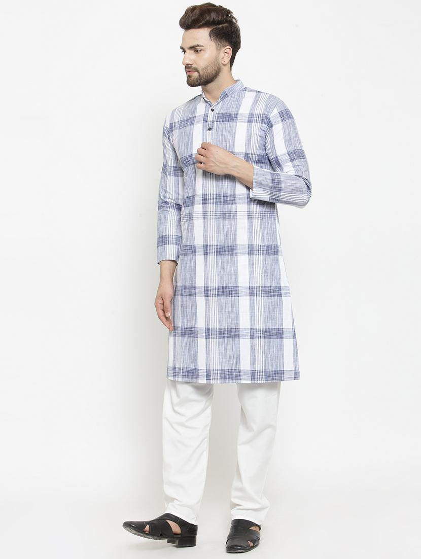 light blue checkered long kurta - 16227380 -  Standard Image - 1