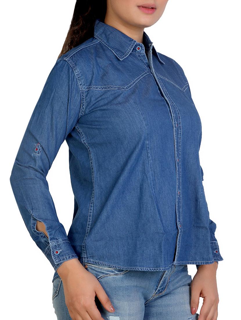 curved hem denim shirt - 16234701 - Standard Image - 1