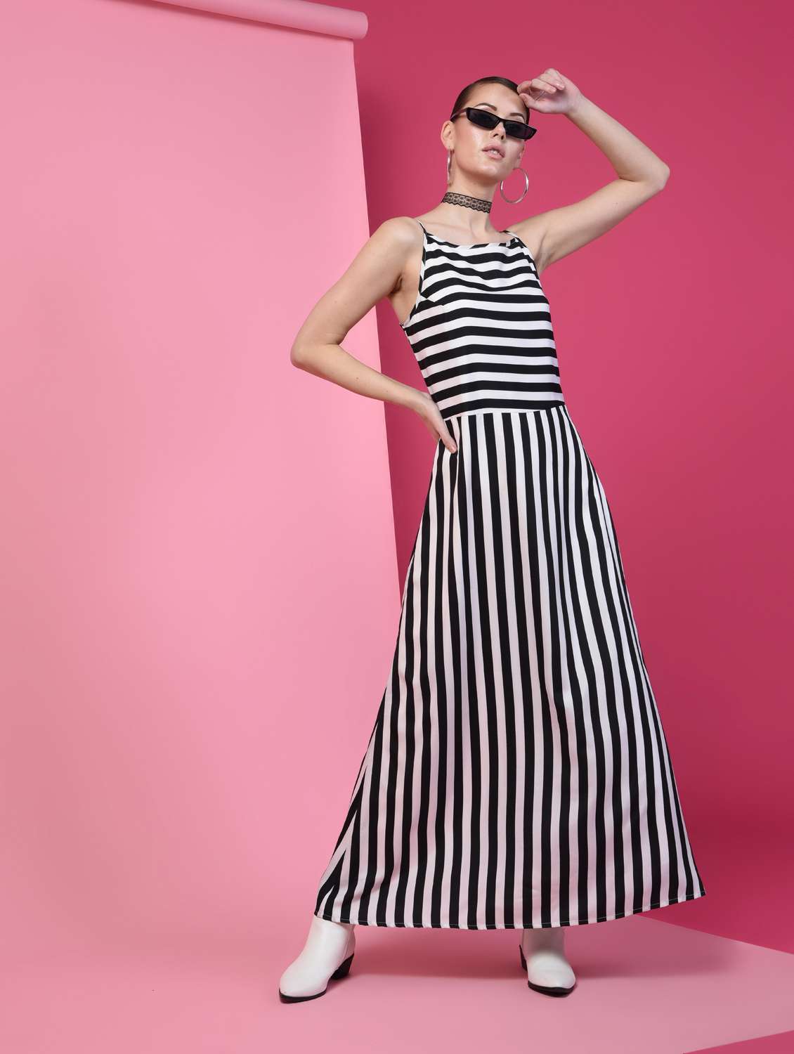 monochrome striped maxi dress