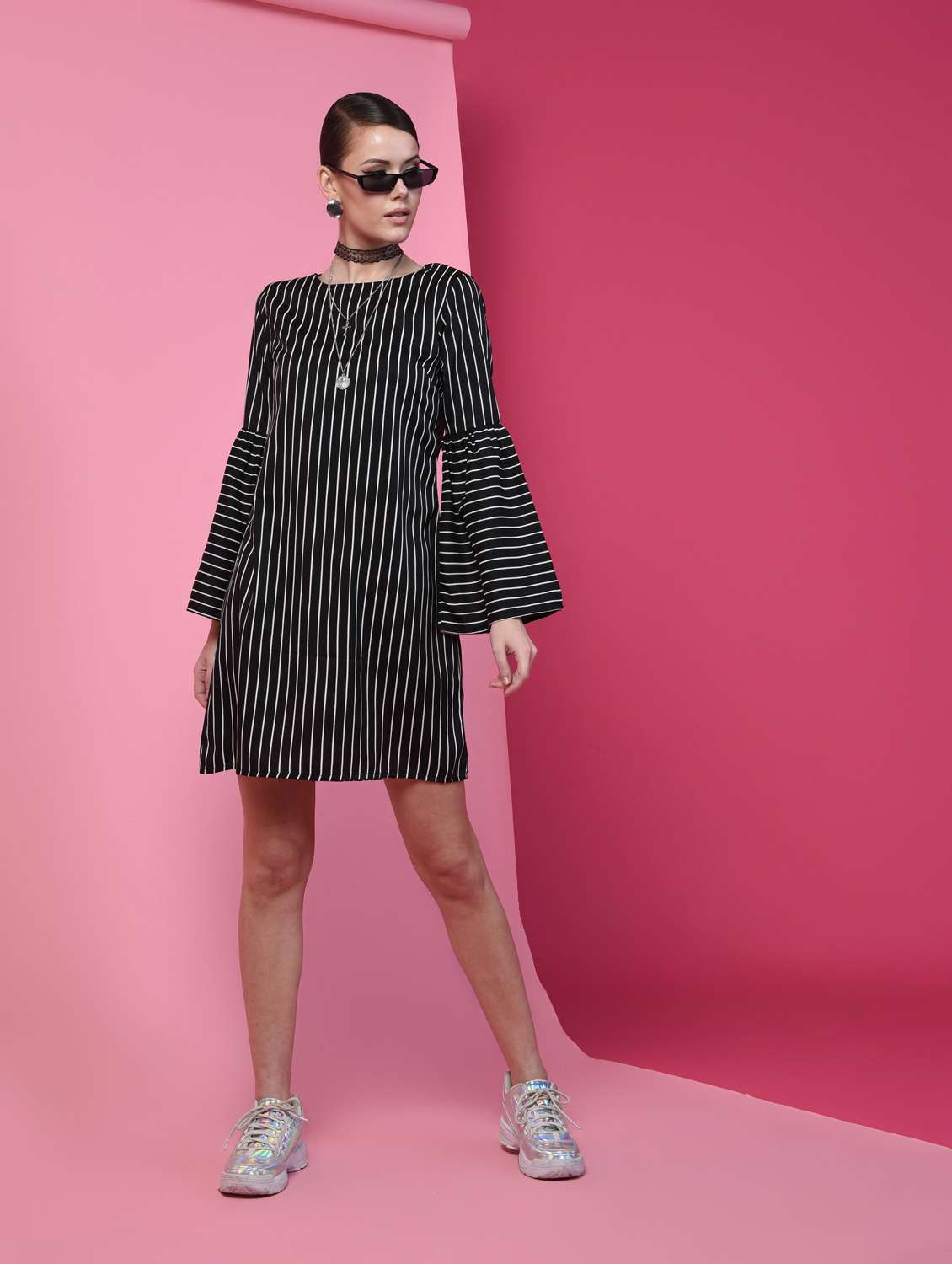 bell sleeved striped a-line dress