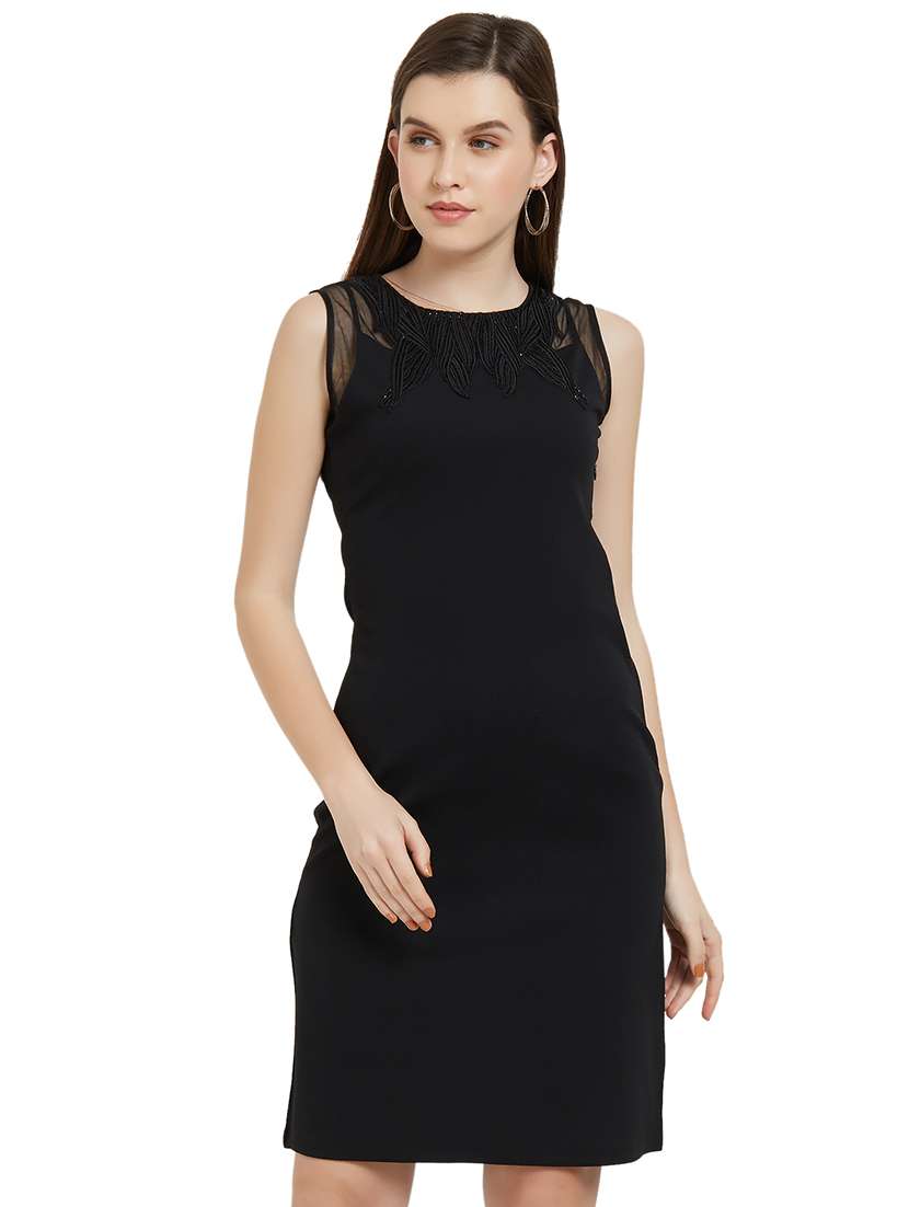 mesh panel embellished sheath dress