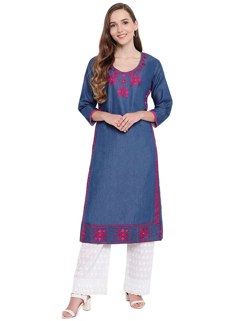 embroidered denim straight kurta