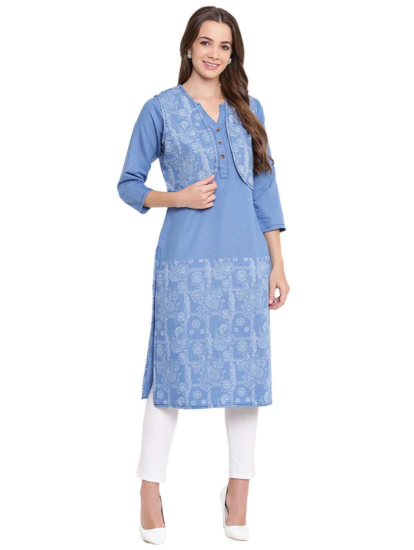 paisley print denim kurta with jacket 