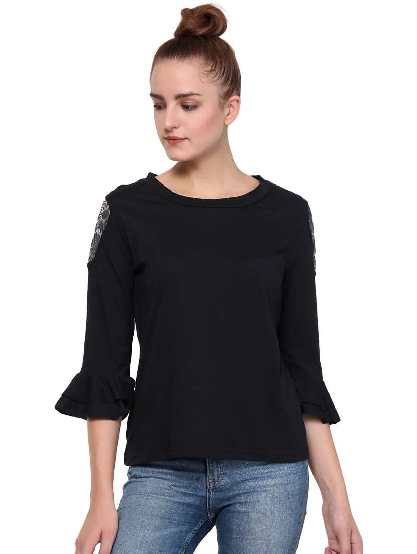 floral mesh panel bell sleeved top - 16241709 - Zoom Image - 0