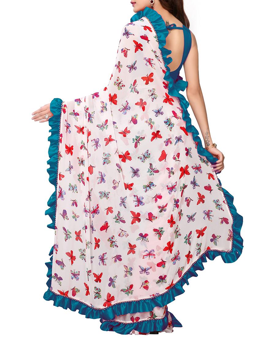 women's floral blue colored saree with blouse - 16246063 -  Standard Image - 1