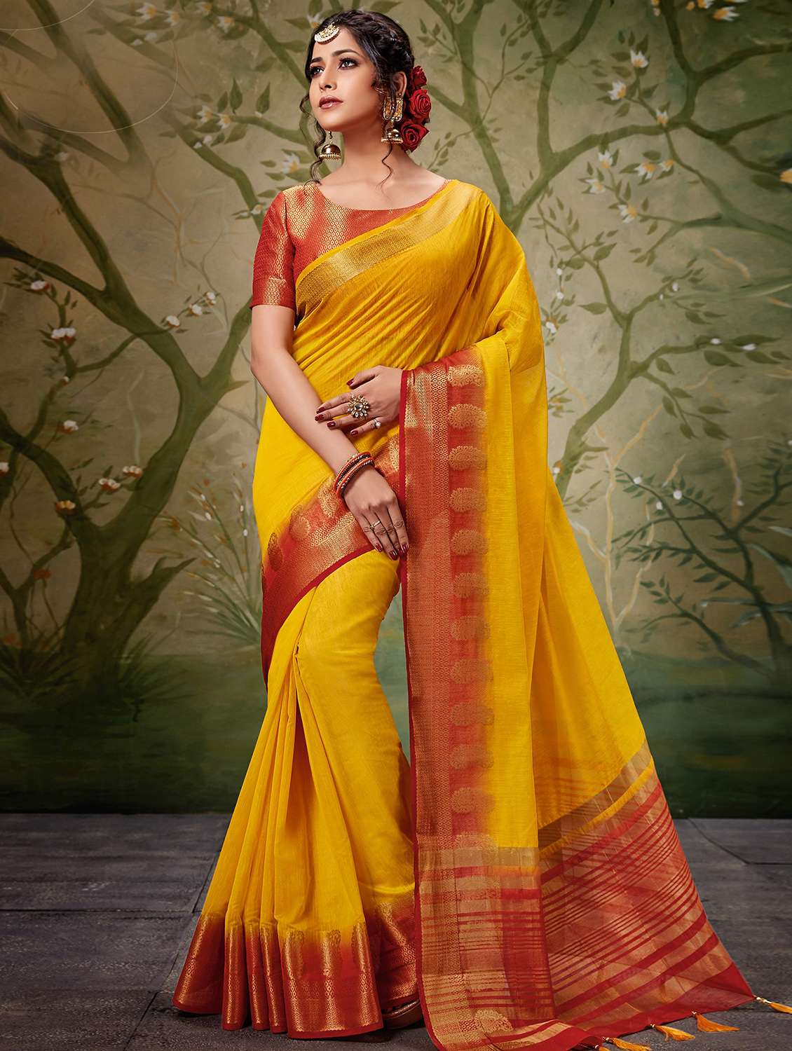 paisley zari border woven saree with blouse