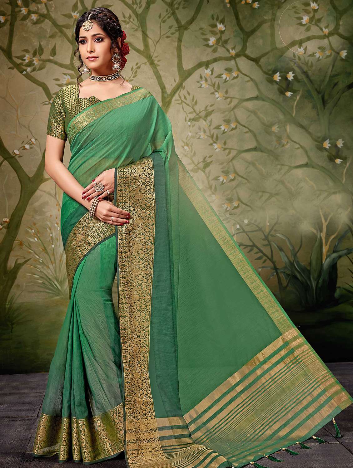 floral zari border woven saree with blouse