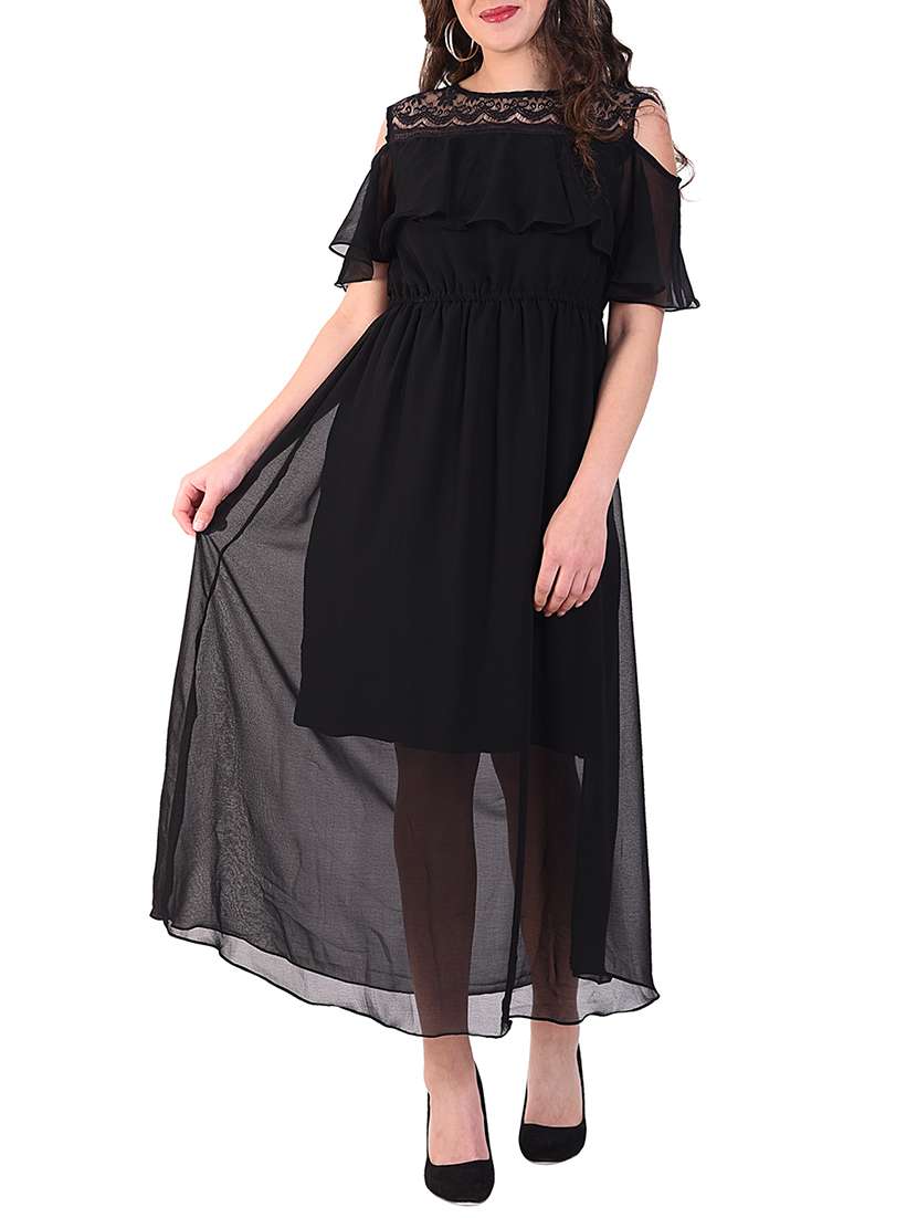 lace panel ruffle detail maxi dress