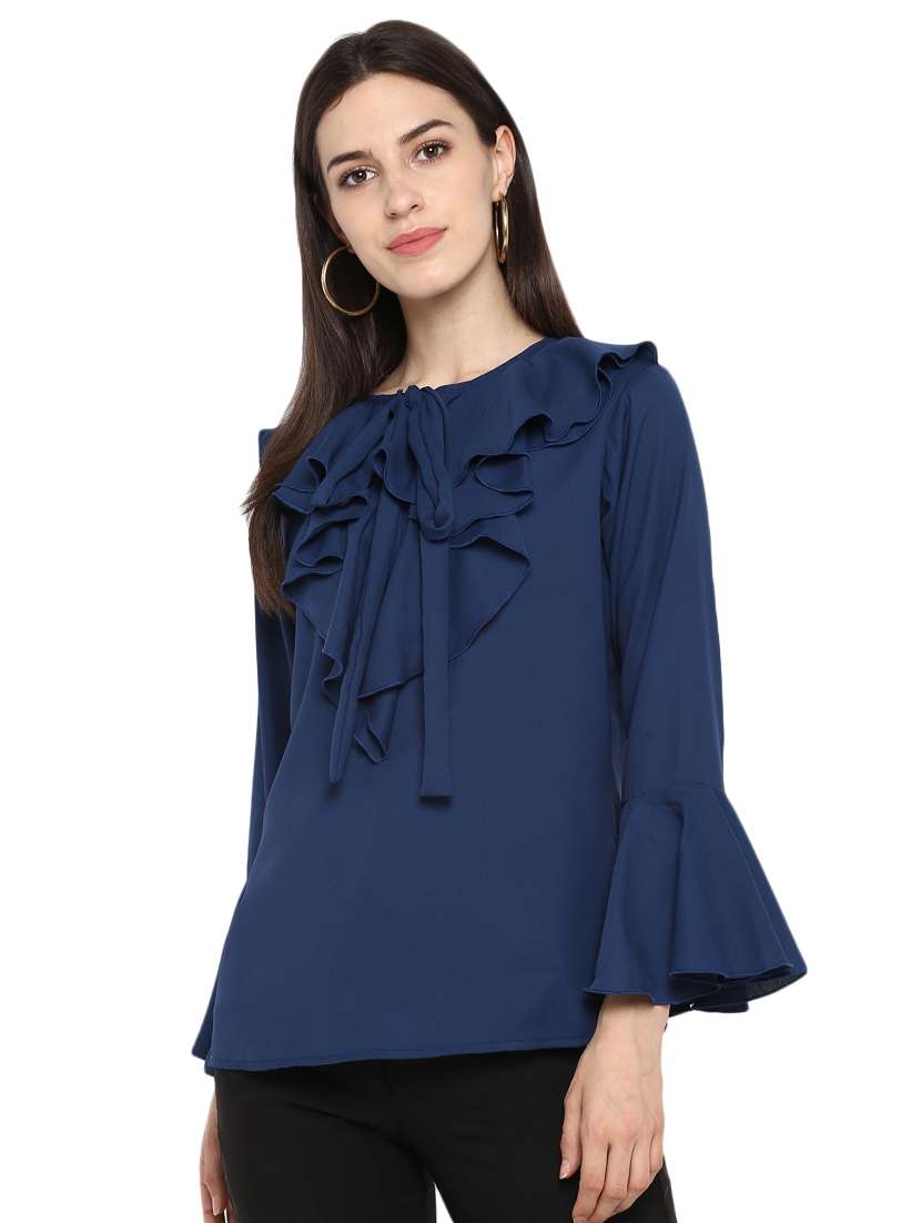 tie knot neck ruffle detail top