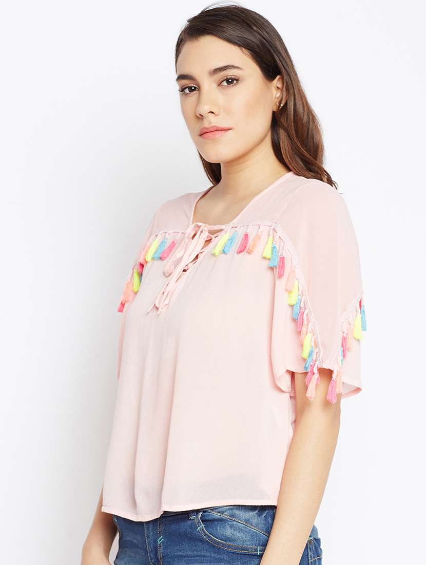 tasseled lace tie up neck top - 16274807 -  Standard Image - 1