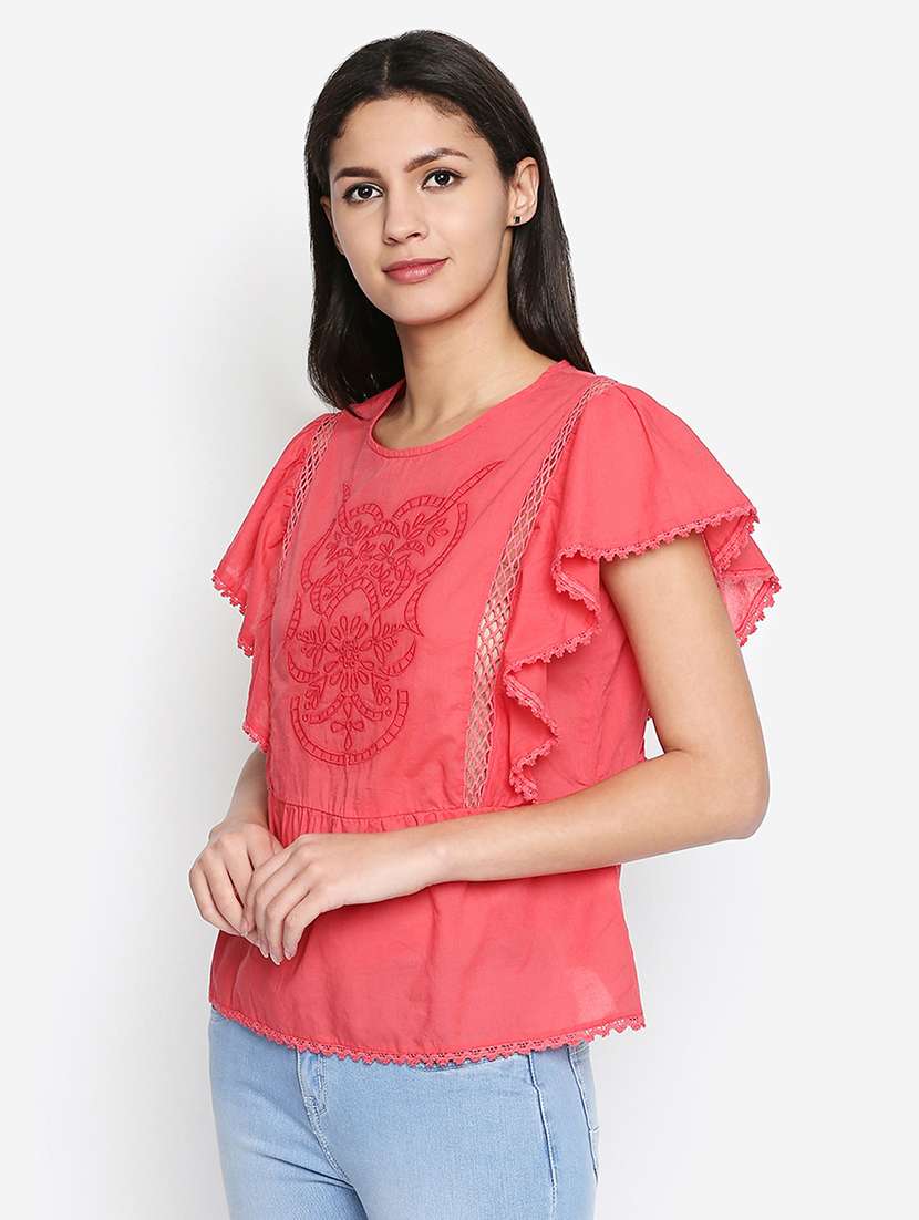 flutter sleeved embroidered top - 16274844 - Standard Image - 1