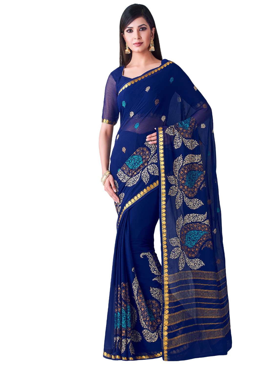 women's self design blue colored saree with blouse