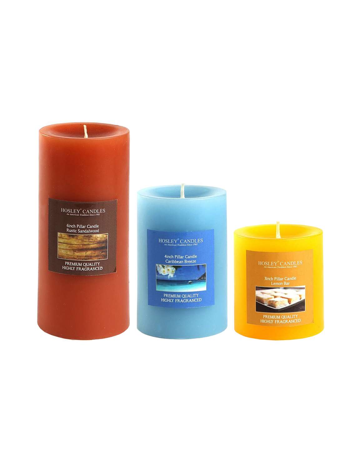 hosley set 3 decorative multicolor highly fragranced pillar candle|rustic sandalwood| caribbean breeze| lemon bar