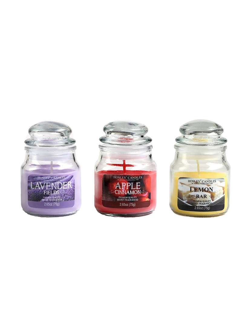 hosley set 3 multicolor highly fragranced jar candle for decoration/ festive|lavender| apple cinnamon| lemon bar