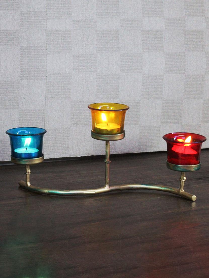 hosley iron tabletop tealight candle holder with 3 multicolor glass cup and tealights