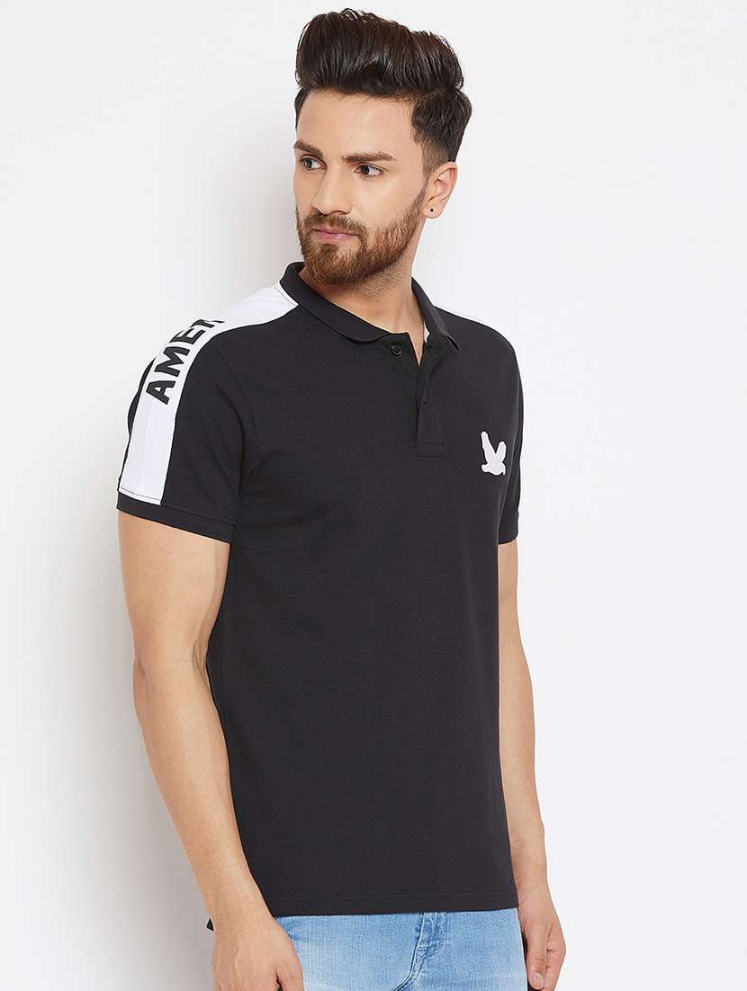 black solid taped polo tshirt - 16298333 - Standard Image - 1