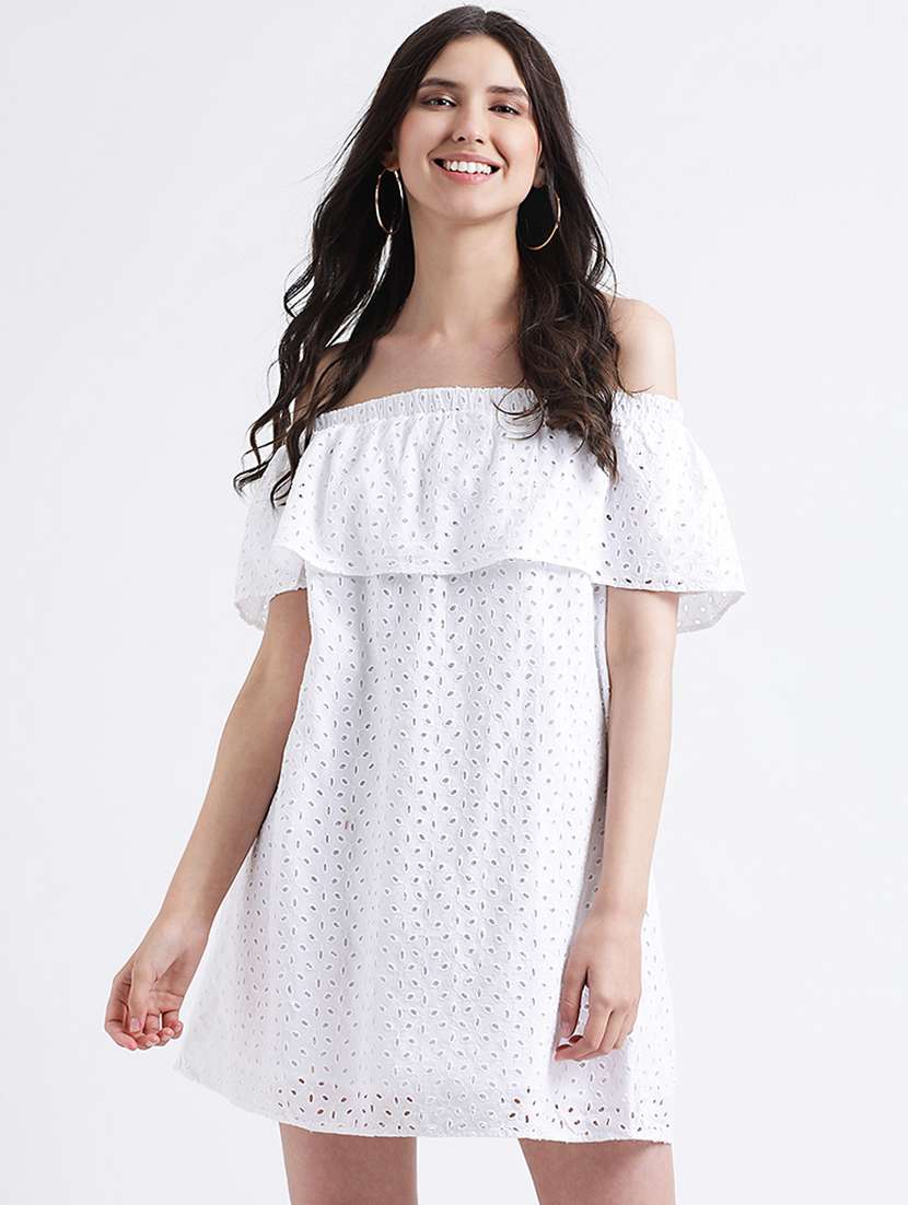 ruffled off shoulder schiffli a-line dress