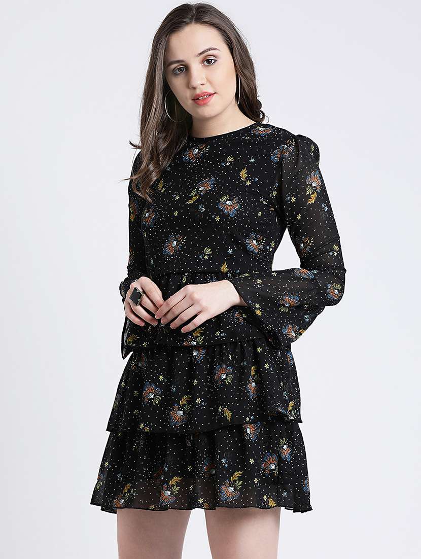 floral ruffled layered a-line dress