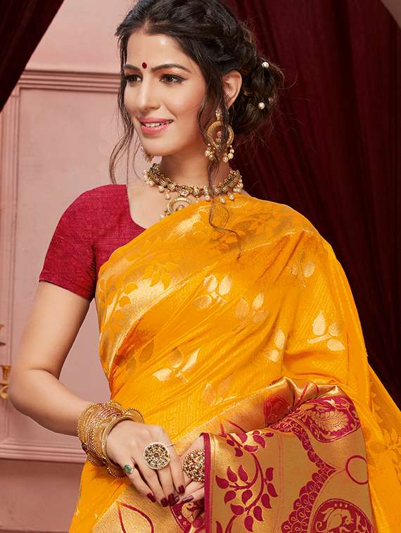 women's leaf print mustard colored saree with blouse - 16301723 -  Standard Image - 1