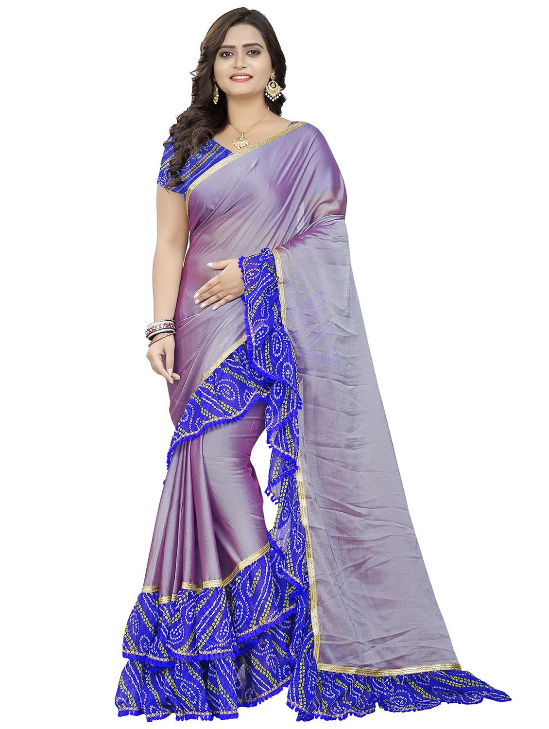 bandhani ruffle border saree with blouse