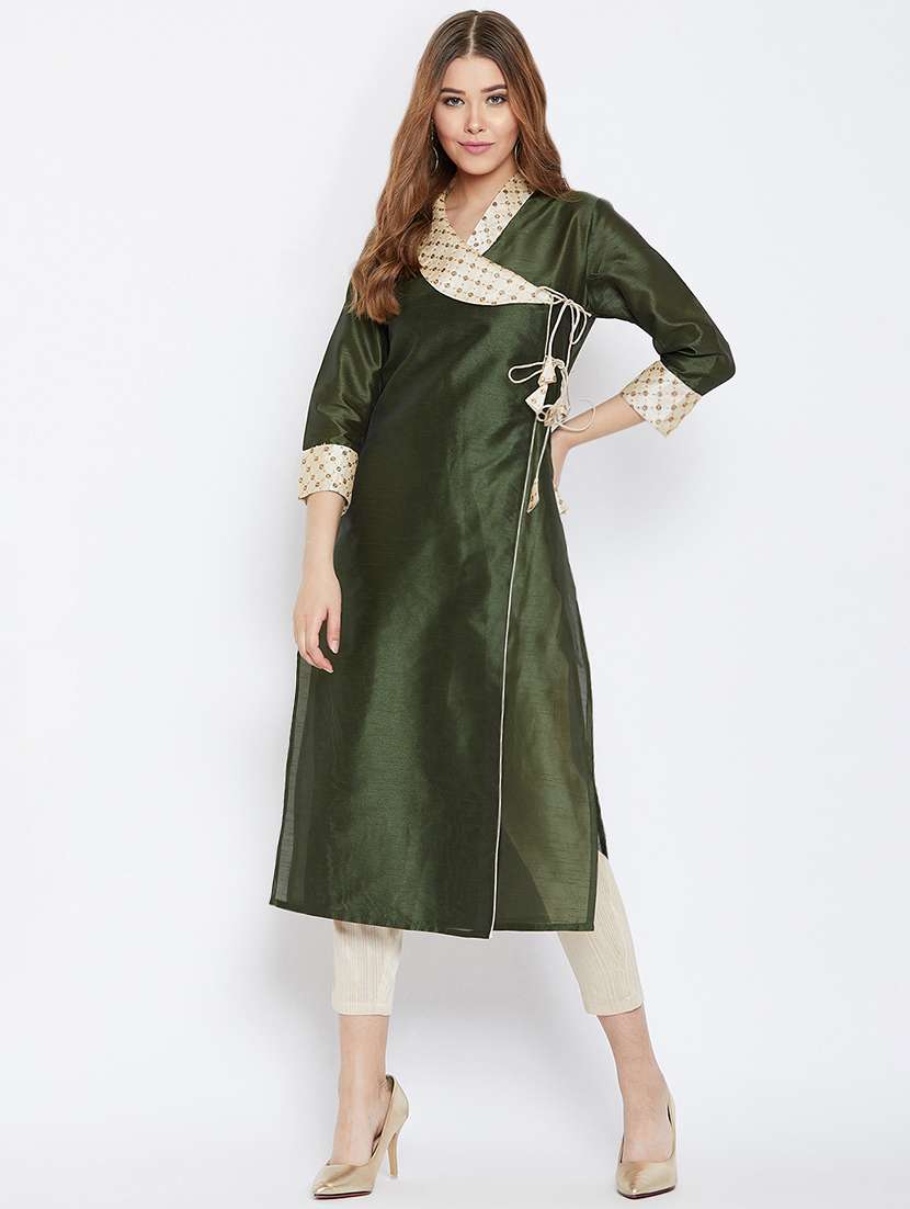 olive raw silk angrakha kurta