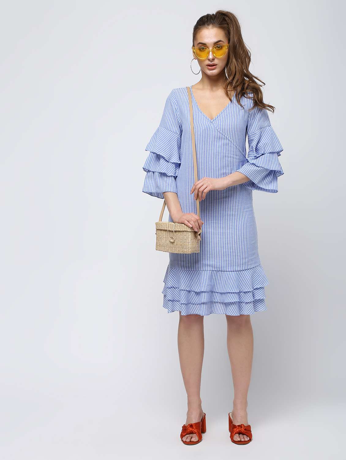 bell sleeved striped pephem dress