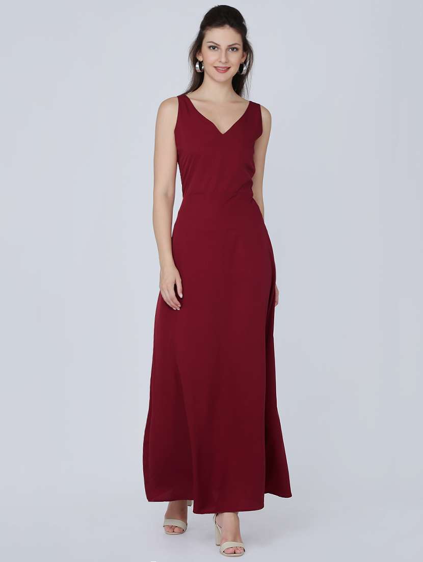 v neck solid maxi dress