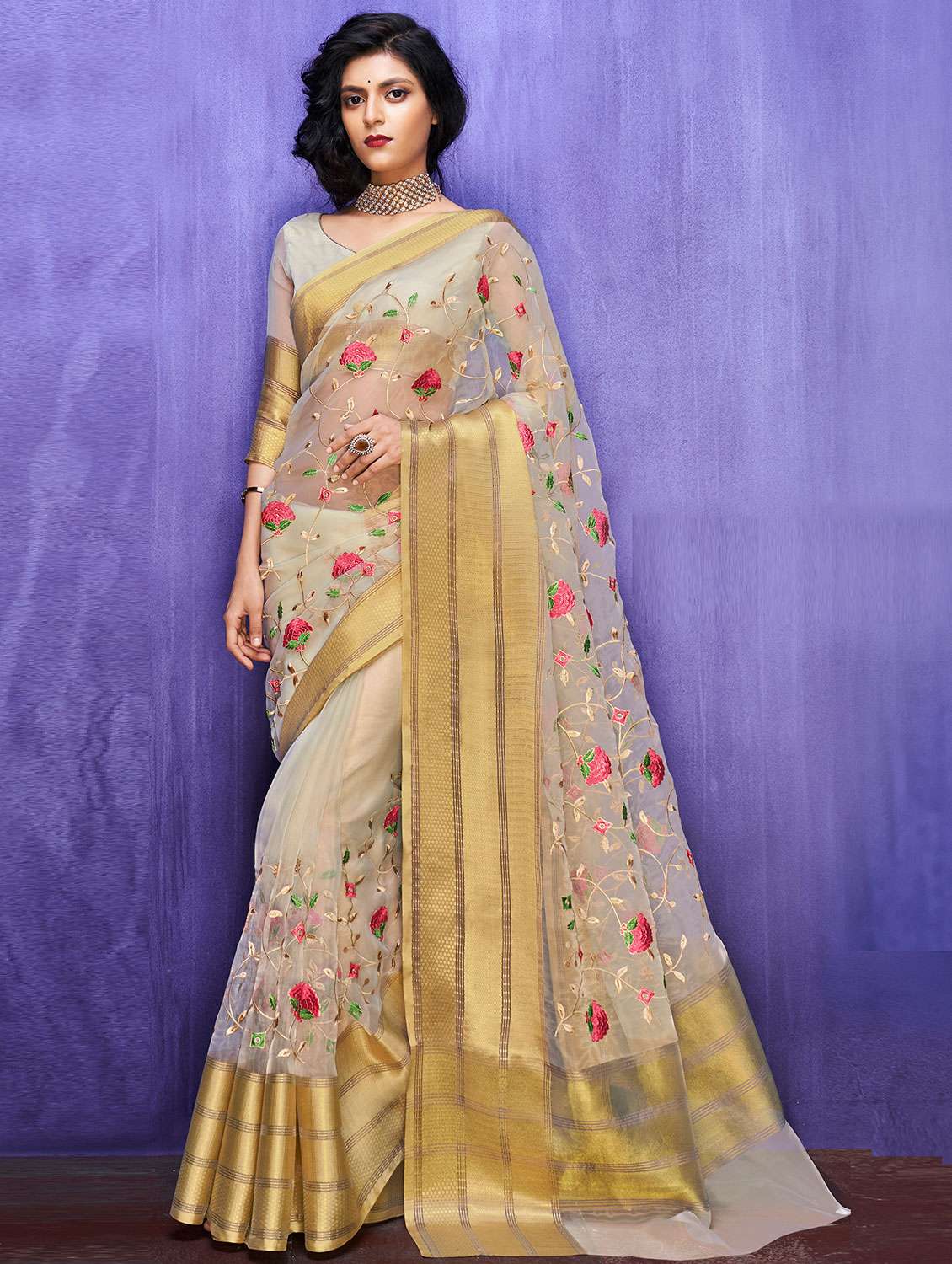 zari border floral embroidered saree with blouse