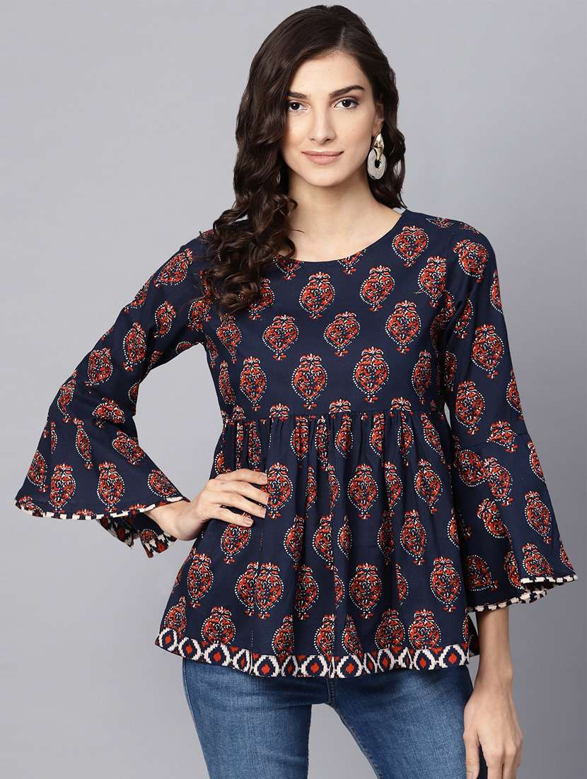 blue printed bell sleeved gathered tunic