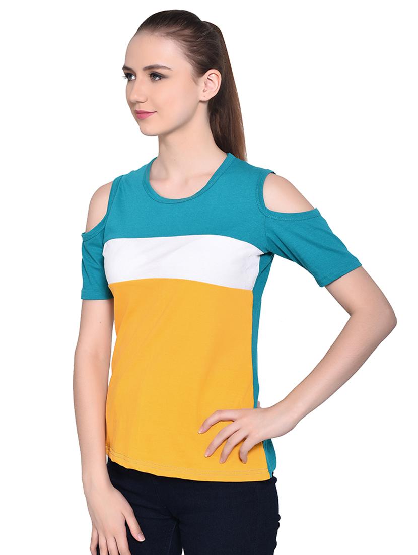 color block cold shoulder top - 16331406 - Standard Image - 1