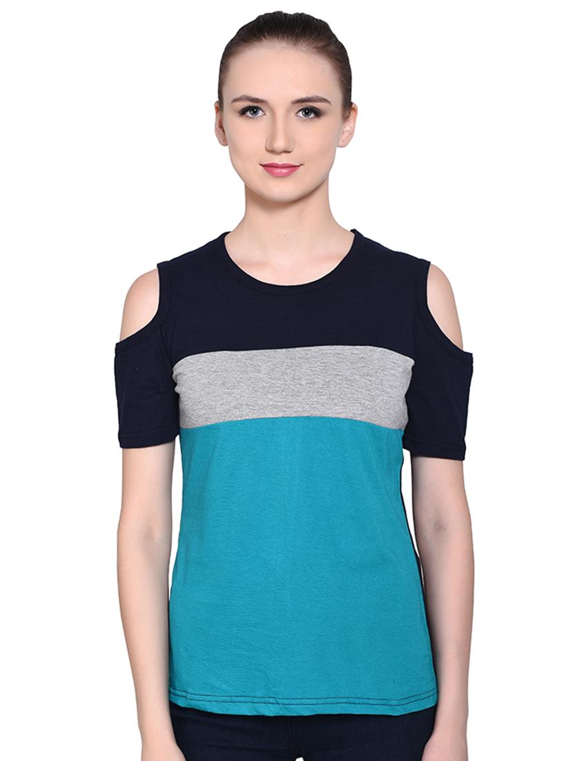 color block cold shoulder top - 16331407 -  Zoom Image - 0