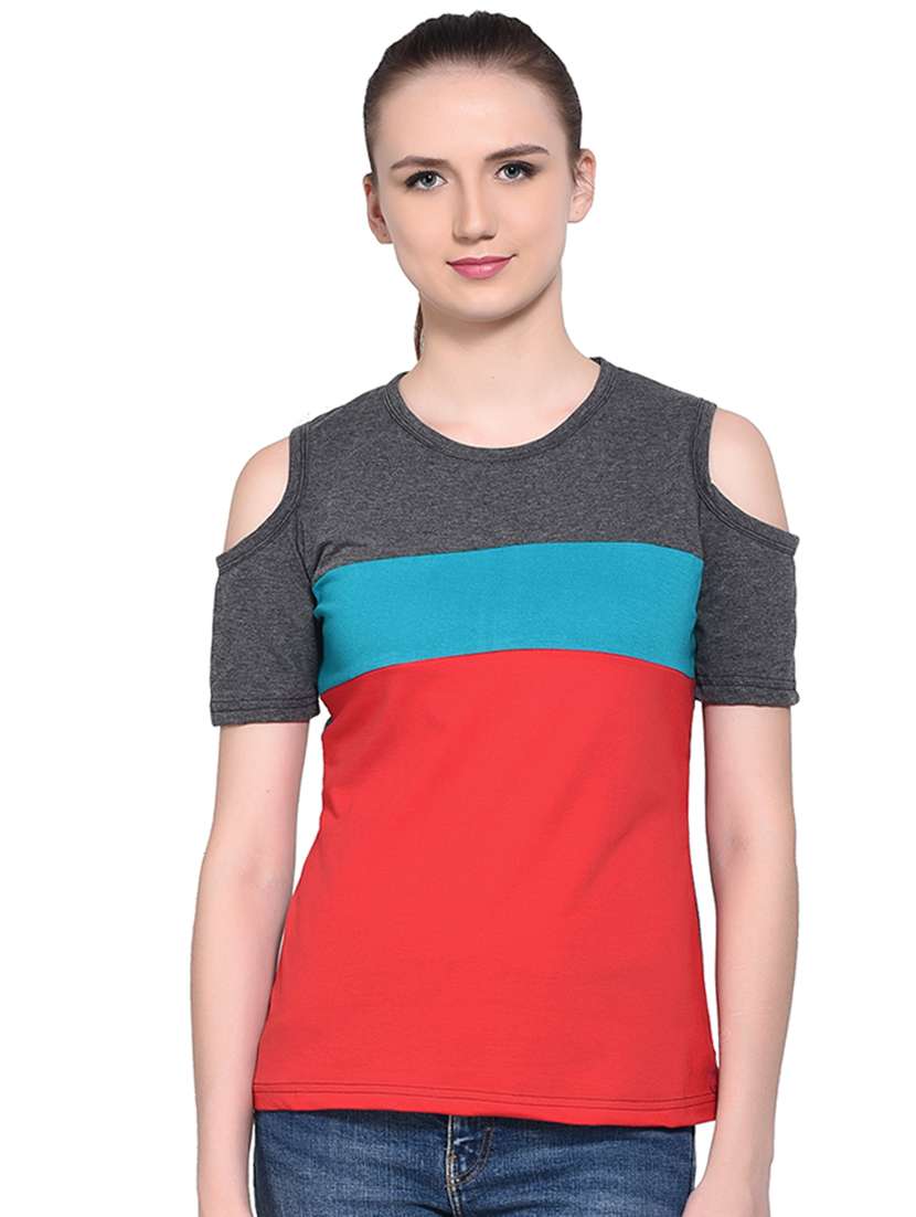 color block cold shoulder top - 16331409 - Zoom Image - 0