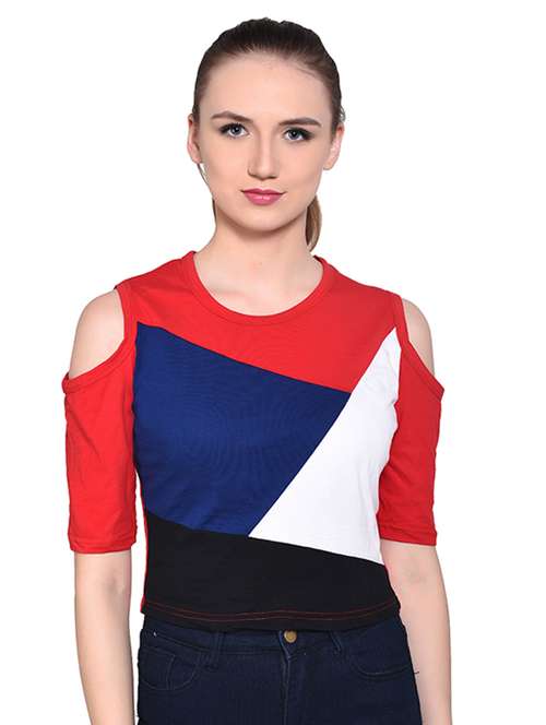 color block cold shoulder top - 16331418 -  Standard Image - 0